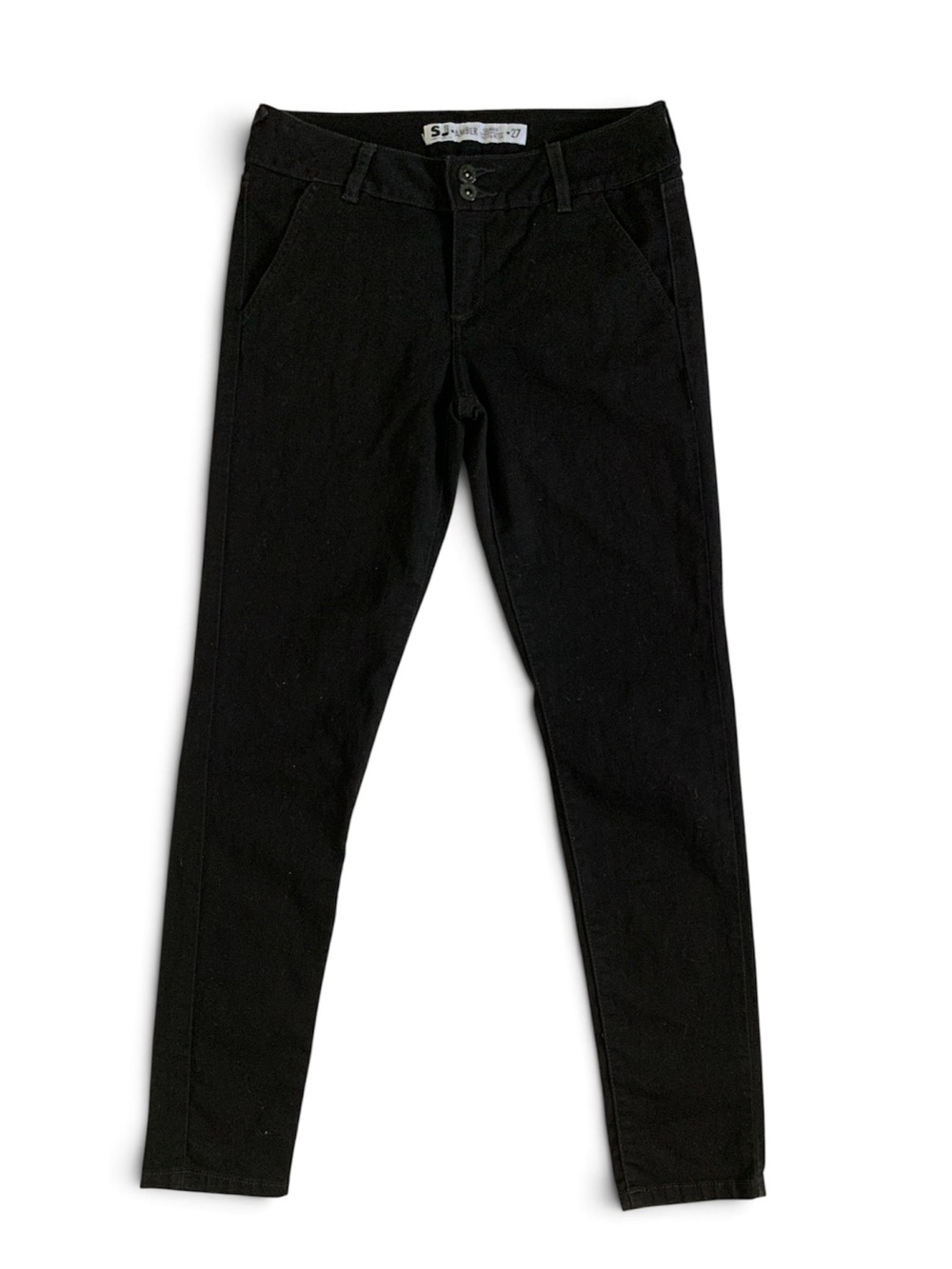Black Skinny Jeans with Tapered Leg and Double-Button Waist